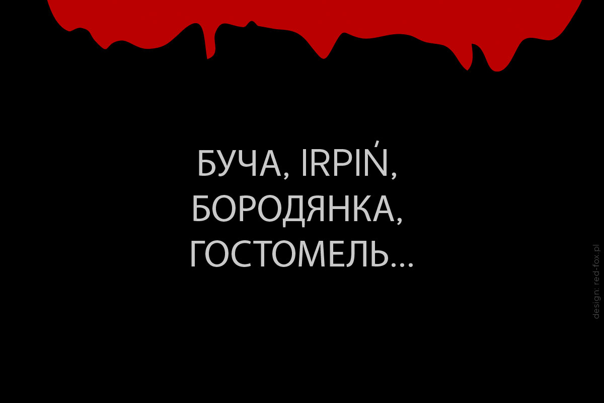 Bucza, Irpień, Borodzianka, Hostomel | zbrodnie na obywatelach Ukrainy - grafika do posta na Facebooka