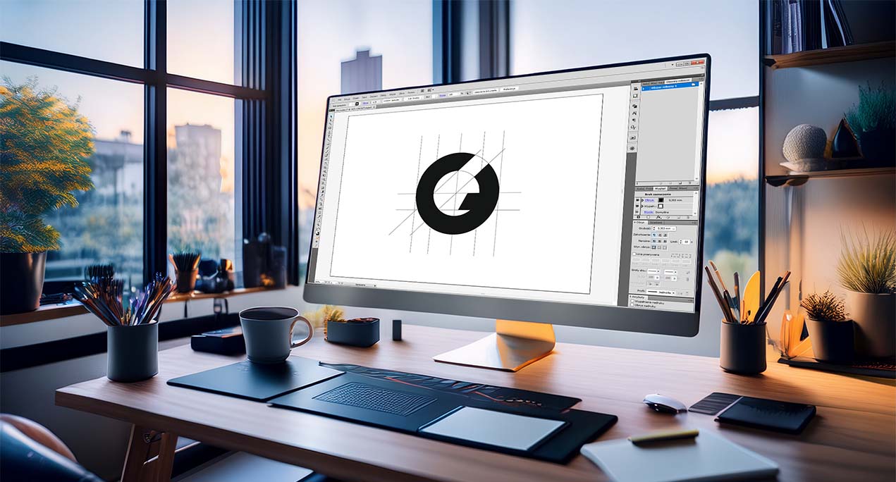 Proces projektowania logo – obszar roboczy z liniami pomocniczymi